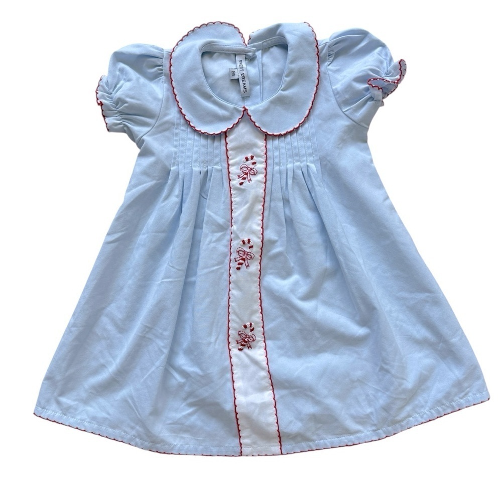 Sweet Dreams Smocked Girls Blue Embroidered Dress Candy Canes Holiday Size 18M